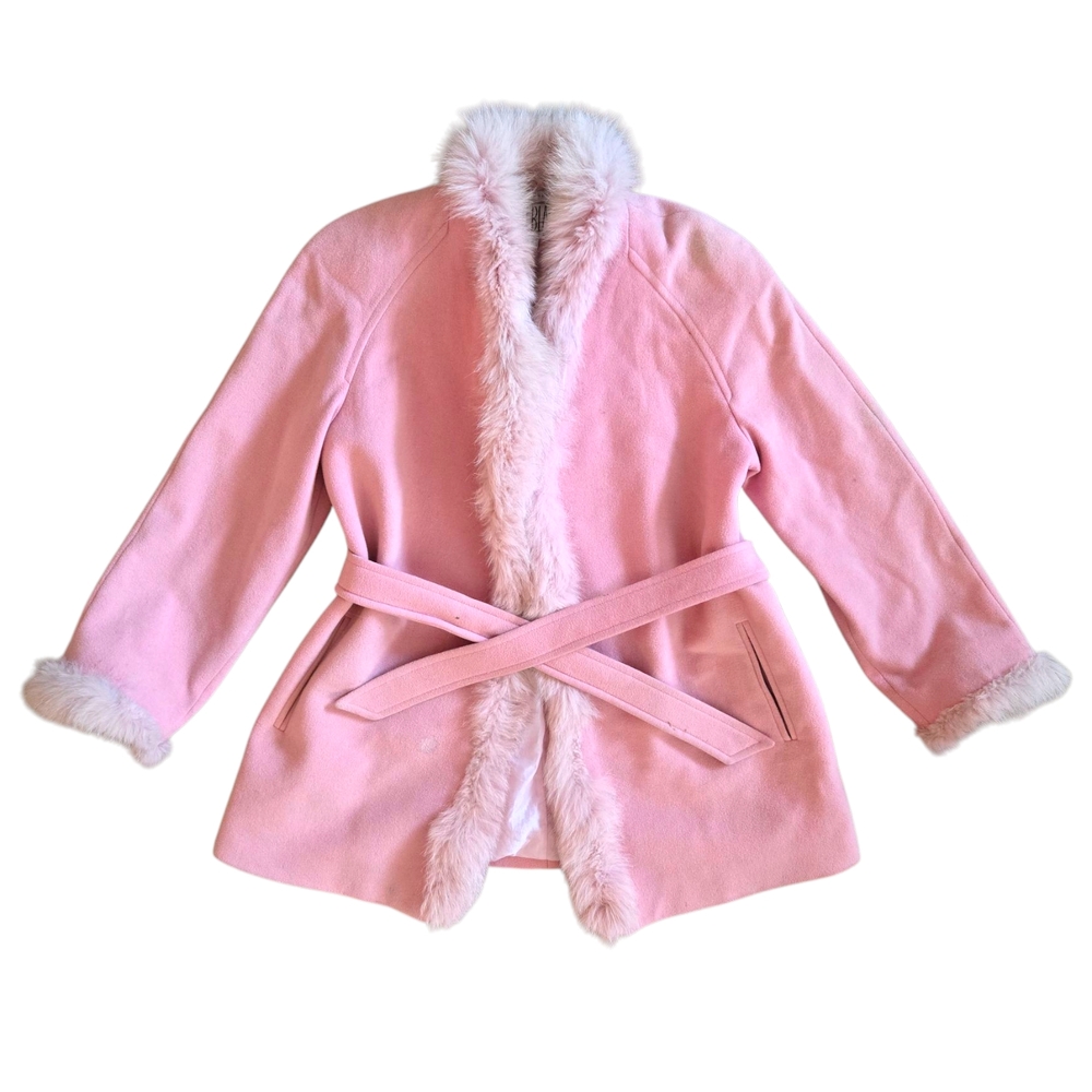 Vintage Pink Faux Fur Trimmed Wool Coat By Bill Blass Signature